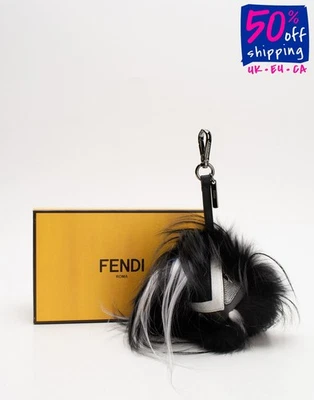 RRP €595 FENDI ROMA Goat & Silver Fox Fur Monster Charm Keyring Contrast Leather - Imagem 1 de 4