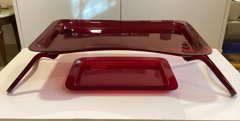 VINTAGE BREAKFAST BED TRAY TABLE FOLDING LEGS. ACRYLIC. BURGUNDY - Image 1 of 4