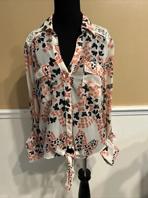 Blusa HeartSoul feminina XL marfim transparente com borboletas laranja e preto  - Imagem 1 de 4