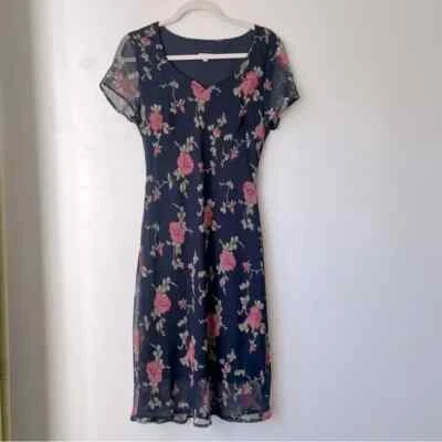 Vintage 90s Believe... Navy Floral Midi Dress 10 - Image 1 of 4