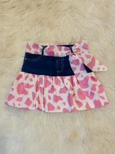 Upcycled Sweet Girls Denim Skirt Pink Cow Print Western Wear 4-6 Rodeo Barn Farm - Picture 1 of 3