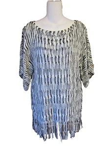 NY Collection Damen Medium lockeres Strickoberteil Pullover Fransen blau grau bunt neu mit Etikett - Bild 1 von 4