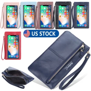 Billetera con cremallera de cuero de gran capacidad para mujer con pantalla táctil bolsa para teléfono bolsa para monedas - Imagen 1 de 20