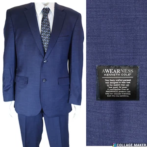 AWEARNESS KENNETH COLE~BLUE WOOL BLEND HOPSACK SLIM FIT SUIT 42R PANTS 34X29.5 - Picture 1 of 16