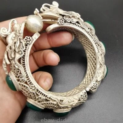 Pulsera hecha a mano con incrustaciones de plata antigua china del Tíbet Foto 1 de 4