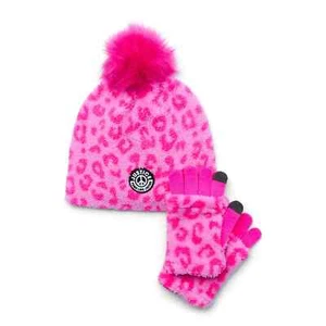Justice Girls Tie Dye Faux Shearling Beanie and Gloves 2-Piece Set Bright Pink - Picture 1 of 5