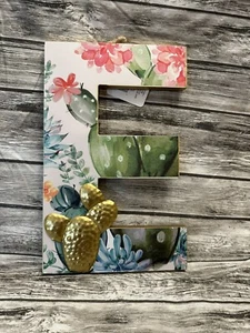 Wooden Letter E Gold Pastel Cactus Decorative Wall Art Home Accent Monogram - Picture 1 of 8