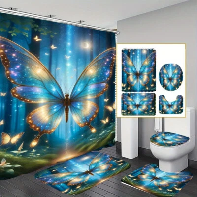 3D Forest Moon Mariposa Cortina de Ducha Antideslizante Alfombra de Baño Alfombras Tapa de Inodoro Cubierta Foto 1 de 4