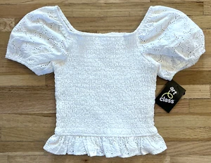 NEW Art Class Smocked Top Girls M 8 Short Puff Eyelet Sleeve Lettuce Hem White - Picture 1 of 6