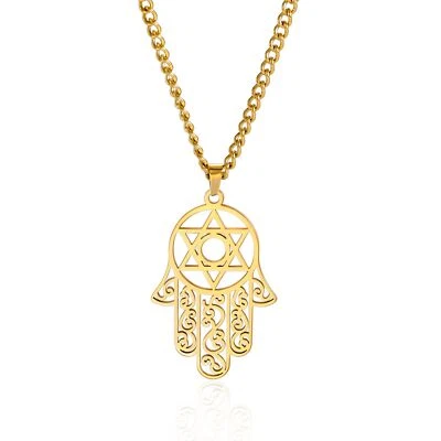 Hamsa Hand der Fatima Hexagramm Halskette Davidstern Böses Auge Anhänger Jüdi... - Bild 1 von 4