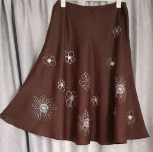Hobbs Size 16 100% Linen Skirt Brown Embroidered - Picture 1 of 7