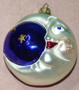 Vintage Double Crescent Man in the Moon & Stars Glass Ornament Made in Poland - Picture 1 of 5