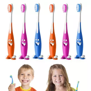 6 Set Happy Smiley Toothbrush Set Suction Cup Stand Soft Bristles Kids Oral Care - Picture 1 of 1