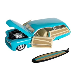Hot wheels 1999 Custom Mercury Woodie 1:18 Blue Elwoody w/Surfboard - Picture 1 of 10