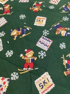 VTG 80s SNOW SKI Snowflakes TEDDY BEAR Skis heavy cotton fabric 1 yd 6 x 58"wide - Picture 1 of 6