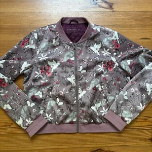 Aeropostale purple silk floral parrot full zip bomber jacket SIZE XL - Picture 1 of 6