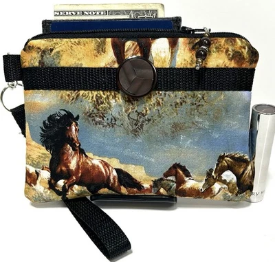 Mountain-Horses-жеребец ручной работы-деньги-монета-ID-кредитная карта кошелек с ремешком-кошелек-мешочек - Изображение 1 из 4