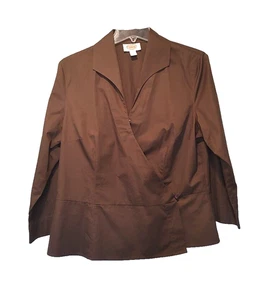 Talbot's Medium Brown Peplum Blouse Women's 14 hidden buttons cotton 3/4 sleeve - Picture 1 of 8