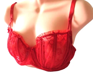 George Entice Red Lace Un Padded Bra 36D Underwired Sheer Mesh - Picture 1 of 11