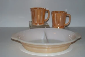 Fire-King Peach Luster Coffee Mugs(2) Cups & Oval Divided Casserole Dish-1950's - Picture 1 of 9