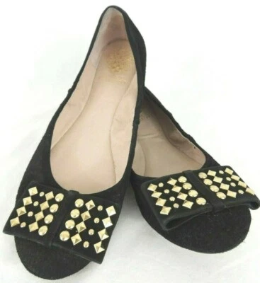 Vince Camuto Flat Shoes Size 8.5 B 38.5 EUR Black Suede Snake Print Gold Studs - Image 1 of 4