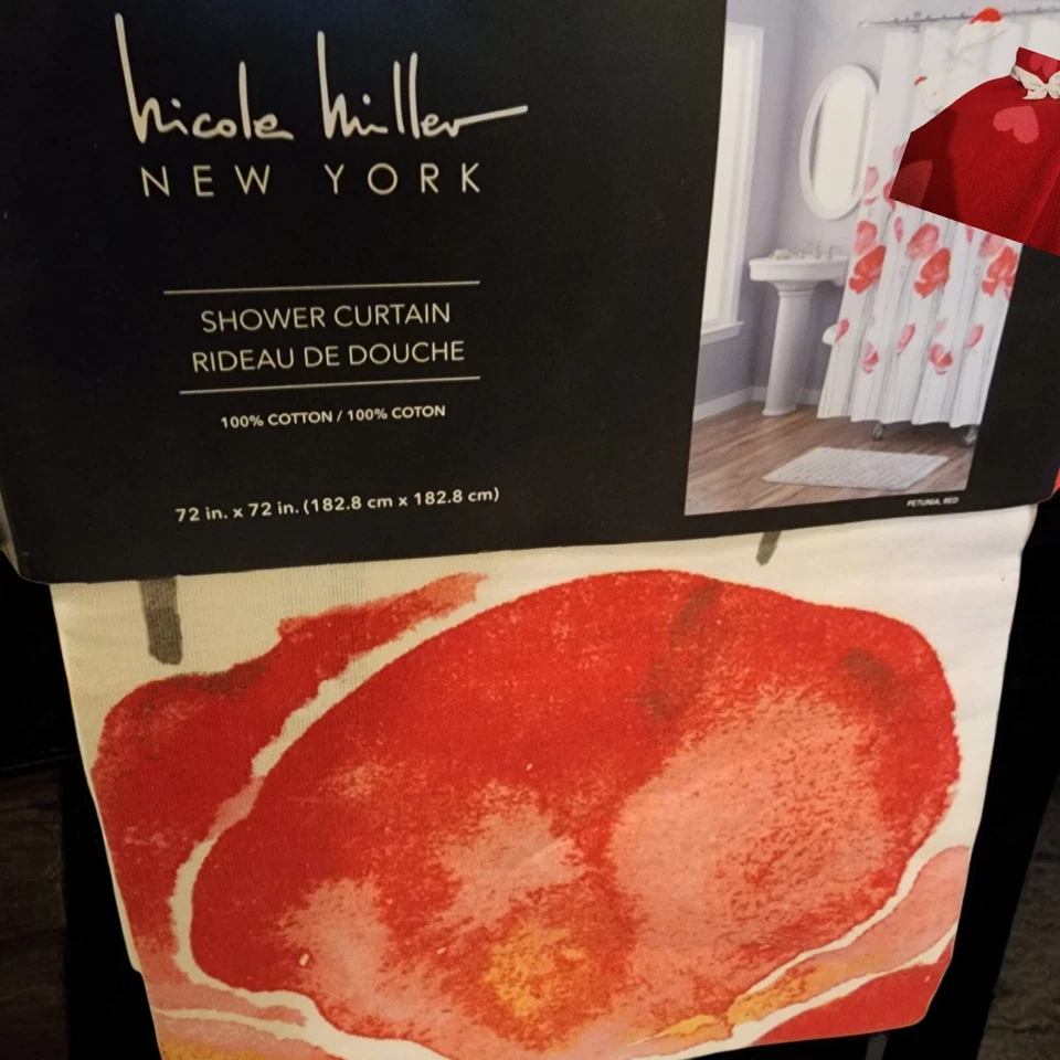 Nicole Miller Flower Watercolor Red Petunia  Fabric Shower Curtain New - Image 1 of 1