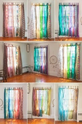 Reciclar Sari Patchwork Cortina Cortina Decoración Ventana Seda Sari Boho Hippie Cortina Foto 1 de 4