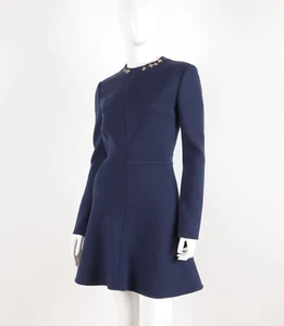 Louis Vuitton Wool Navy Blue Skater Dress with Gold Logo Size FR36 - Picture 1 of 17