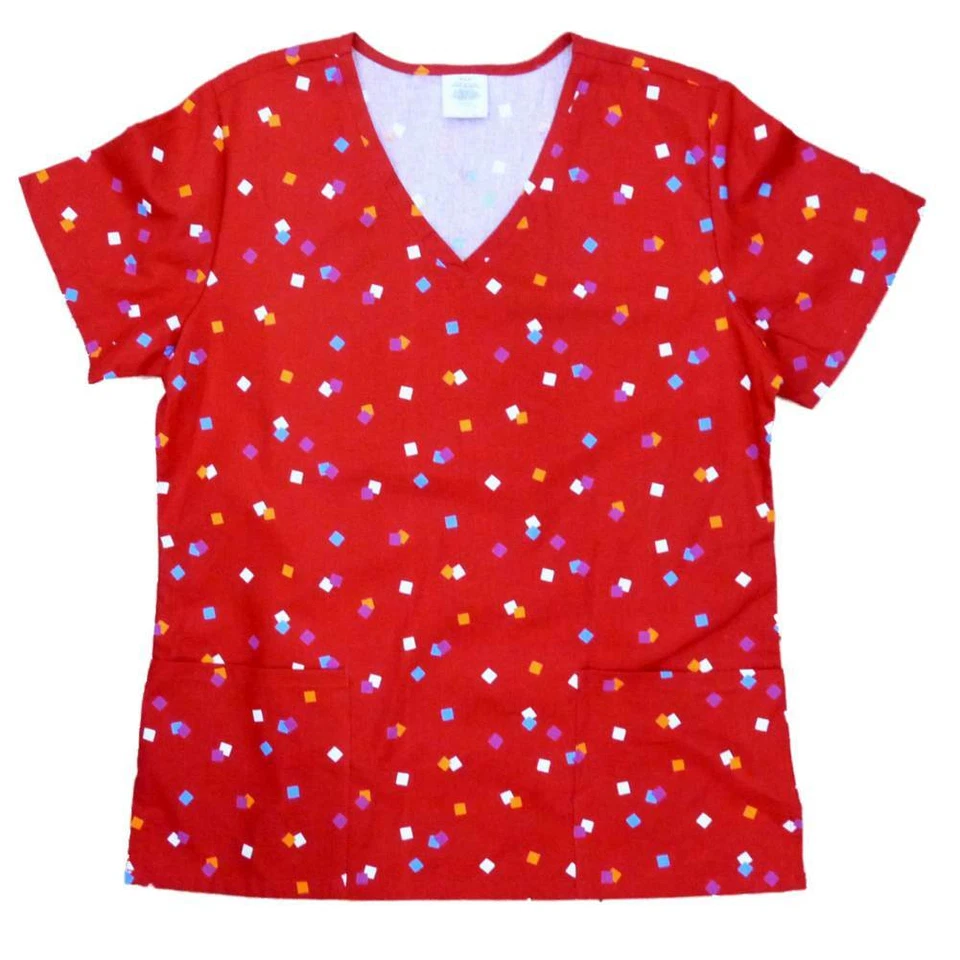 Simply Basic Womens Red Confetti Medical Smock Nurse Scrubs Shirt Top - Image 1 of 1