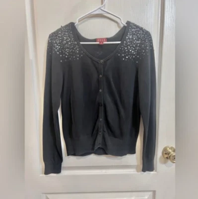 Elle black cardigan long sleeve w/ sequin shoulders. 3/4 sleeve. Size M - Image 1 of 4