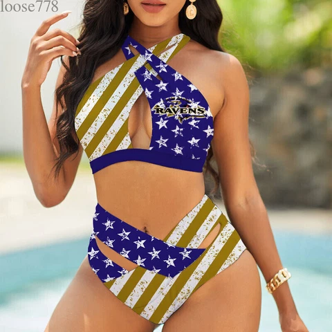 Baltimore Ravens Women's Sexy Bikini Set High Waist Swimsuit Beach Swimwear 2PCS Cover