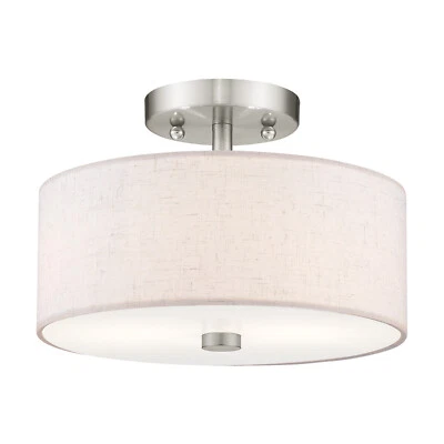 Semi Flush Mount Light with Oatmeal Drum Shade in Brushed Nickel Finish - Image 1 of 4