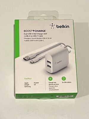 Belkin WCE001dq1MWH BoostCharge Dual USB-A Wall Charger 24W w/ Cable OPEN BOX - Image 1 of 2