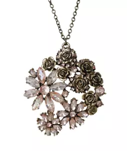 Vintage großer Trachten Anhänger Halskette goldfarben Rosen Strass rosa Blumen - Bild 1 von 11