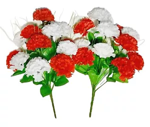 (2 pcs) Red & White Carnation 18" Bush Faux Silk Flower Memorial In/Outdoor - Picture 1 of 5