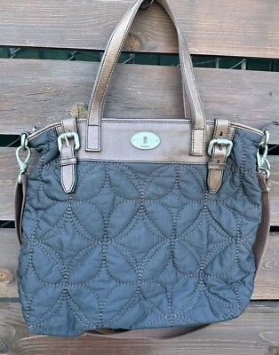 FOSSIL Keyper Black Quilted Handbag Purse Womens *Tote Satchel Flower Design - Image 1 of 4