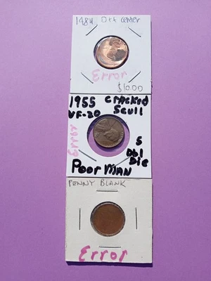3 Mint Coin Error Cents! 1984 Off Center, 1955 Poor Mans Dbl Die +, Planchet. N7 - Image 1 of 4