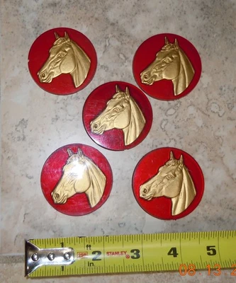 FIVE RED AND GOLD EMBOSED PLASTIC BRIDLE ROSETTES? - Image 1 of 4