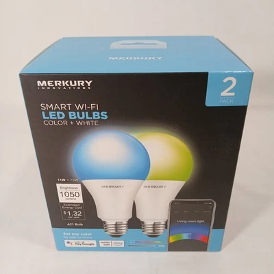 BRAND NEW Merkury Innovations Smart Wi-Fi LED Color + White A21 Bulbs 2-Pack - Image 1 of 4