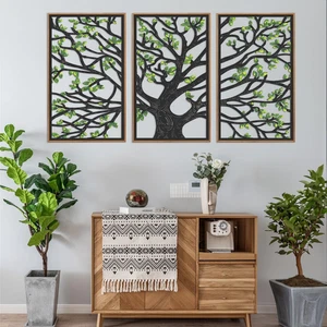 Wooden Tree of Life Framed Wall Art(Set of 3, 16"x32"), 3 Panel Rustic Birch Gre - Picture 1 of 12