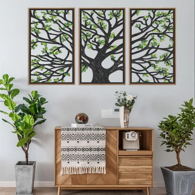 Wooden Tree of Life Framed Wall Art(Set of 3, 16"x32"), 3 Panel Rustic Birch Gre - Image 1 of 4