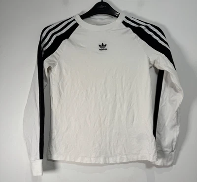 adidas Long Sleeve T Shirt Women UK 6 White Black 3 Stripes Crewneck Top - Image 1 of 4