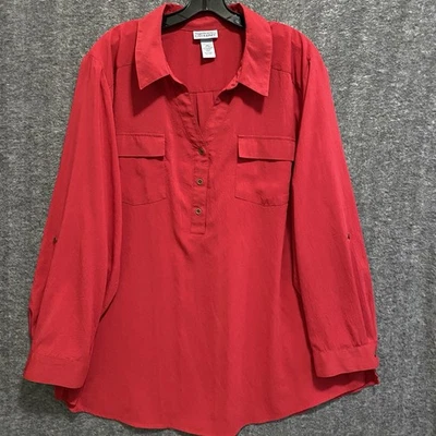 Maggie Barnes For Catherines Top 2X Red Roll Tab Button Tunic Holiday 22/24W - Image 1 of 4