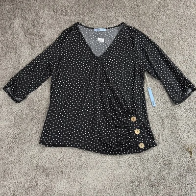 Cure Womens Top 3XL Black White Polka Dot V Neck Ruched Coquette Retro Classic - Image 1 of 4