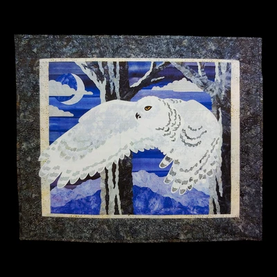 Snowy Owl Applique Quilt Pattern - 27x23 Forest Mountains Winter Bird Moon Batik - Image 1 of 3