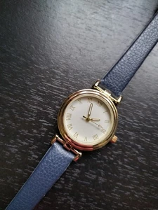 🌸 Damenarmbanduhr🌸- Gold mit blauem Lederband- gebraucht - Bild 1 von 8