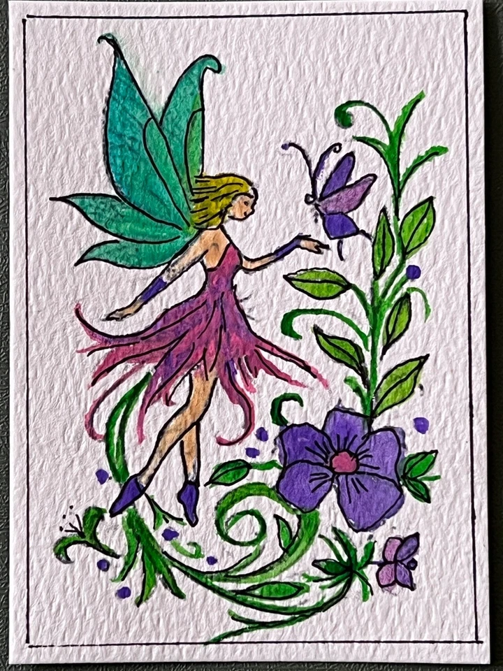 ACEO Original Art, Tiny Art, ATC Card - Watercolor Painting -  Fairy Garden - Image 1 of 1