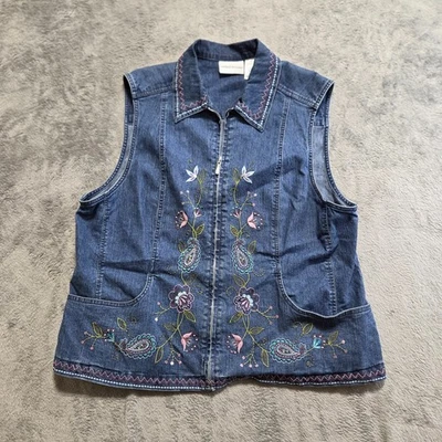 Alfred Dunner Embroidered Vest Women's 16 Blue Full Zipper Sleeveless Collared - Image 1 of 4
