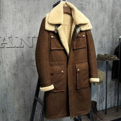 Men`s RAF Trench Coat Brown Real Sheepskin Shearling Leather Jacket - Image 1 of 4