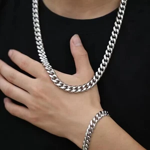 Mens Boys Curb Chain 18"-26" 2mm - 15mm Stainless Steel Silver Cuban Necklace UK - Picture 1 of 6